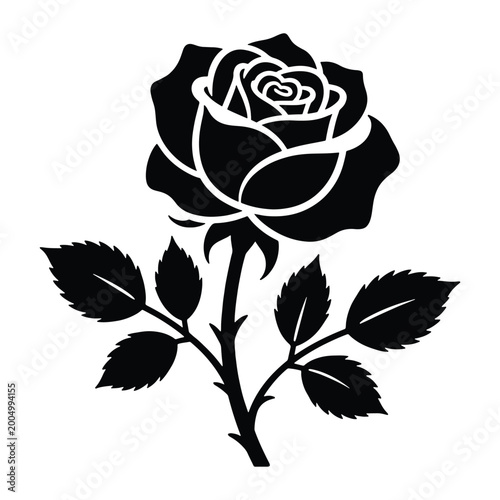Shape of a beautiful single silhouette rose icon illustration. Vector rose symbol with white background.