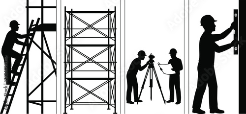 Fotografía Construction workers silhouette set featuring builders using scaffolding, surveying equipment, climbing ladders, and using spirit levels on site