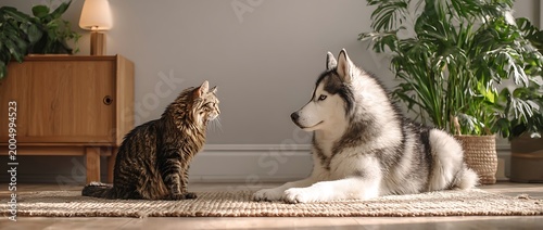 A fluffy siberian husky dog lies down on a woven rug, looking attentively at a tabby cat sitting nearby in a sunlit room with houseplants and wooden furniture