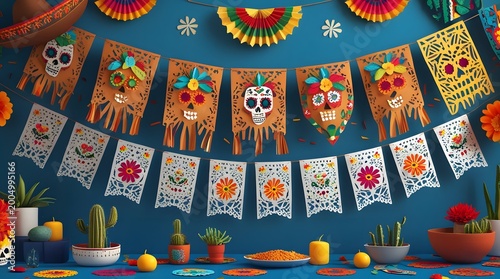 Mexican paper flags. poncho serape background Mexican Mexico paper papel picado bunting fiesta cinco de mayo decoration bunting flags.Day of the Dead traditional Mexican paper cutting. Aesthetic vibes
