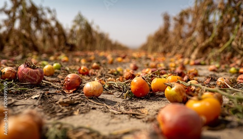 Ground-level view of spoiled tomatoes and onions lying on the dirt in a field with blurred plants in the under a clear sky