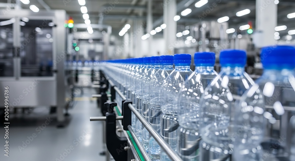 Obraz premium bottled water production line in a modern factory with stainless steel machinery high-quality professional detailed elegant stylish clean