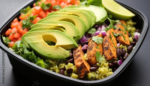 A healthy meal of avocado, chicken, and vegetables in a black bowl