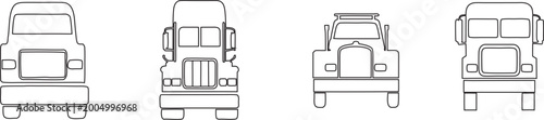 Front View Semi Truck Outline Icons and Commercial Vehicle Line Art Set