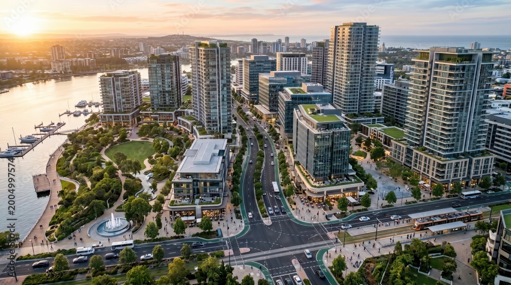 Obraz premium Modern Sustainable Waterfront City: Aerial Sunset over Urban Paradise