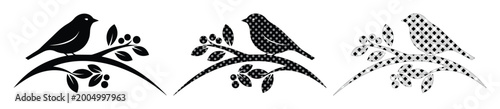 Foto Vintage bird silhouette on branch vector set, black songbird with leaves and ber