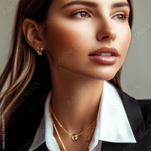 Woman in office outfit wearing gold jewelry in close-up -