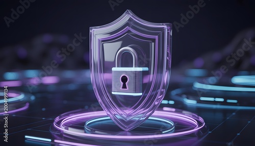 Futuristic security shield with lock symbol on glowing purple platform, representing digital protection and cybersecurity