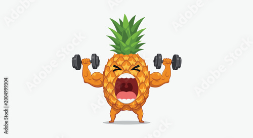 Fun cartoon pineapple character with muscular arms is shown shouting while lifting heavy grey dumbbells to demonstrate fitness.