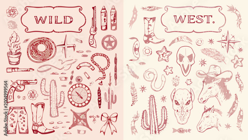 Canvastavla Hand drawn western themed illustrations with cowboy hats boots cacti and skull s