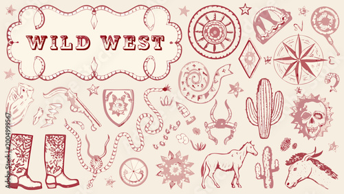 Cuadro en lienzo Vintage wild west themed illustration with cowboy boots skull cactus lasso and d