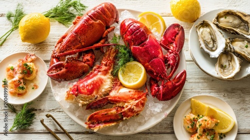 Delicious seafood platter with lobster oysters shrimp and lemon
