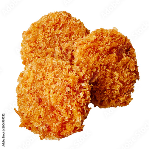 Foto コロッケ 3個の切り抜き。山盛りの揚げ物、お惣菜、お弁当の食材 (Three Japanese potato croquettes isolated