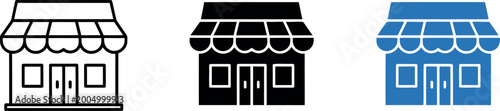 Quadro su tela Vector shop icon set with storefront illustrations in black, white, and blue for
