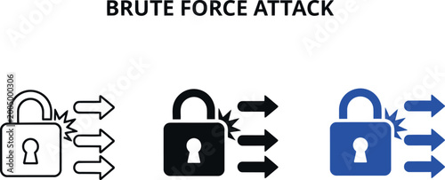 Картината върху платно Brute Force Attack Icon Set – Cybersecurity Threat Vector Illustration for Digit
