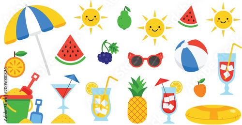 Summer beach symbols, and tropical fruits