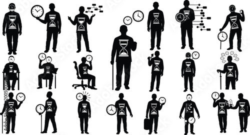 Time Management People Silhouette Collection with Clocks Hourglass Productivity Workflow and Scheduling Concept Icons
