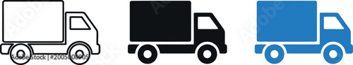 Delivery truck icon set in outline, solid, and blue color styles for logistics and transportation design