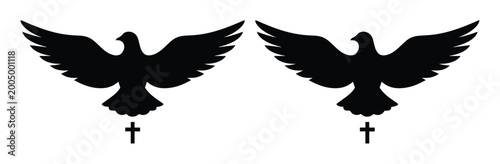 Religious dove silhouette with christian cross, holy spirit bird icon set, black pigeon flying with crucifix symbol, spiritual peace vector illustration