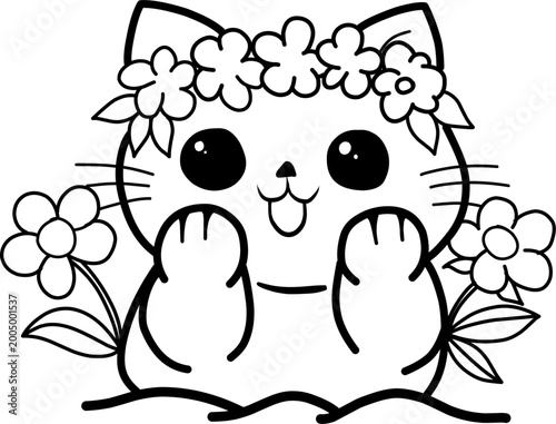A sweet hand-drawn kitten decorated with a blooming flower wreath. This charming feline illustration is perfect for stickers, patches, and whimsical graphic design for animal lovers.
