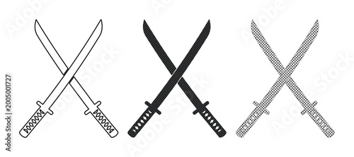 Japanese katana sword vector set, crossed samurai blades in black and white line art, traditional martial arts weapon icons for gaming and logo design