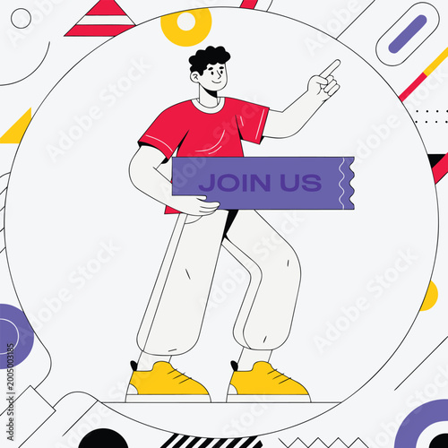 WebJoin Us Recruitment Concept with Man Holding Banner in Magnifying Glass