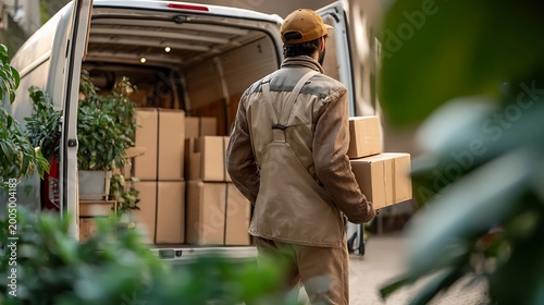Delivery worker carrying boxes from a van, with plants and more packages visible inside the vehicle, suggesting logistics and shipping services