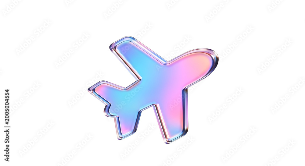 Fototapeta premium Holographic iridescent airplane icon isolated on transparent background for travel concepts