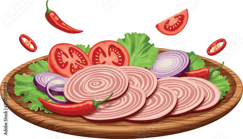 Quadro su tela Vegetable Salad Plate Vector Featuring Sliced Onions, Tomatoes, Chilies, and Let
