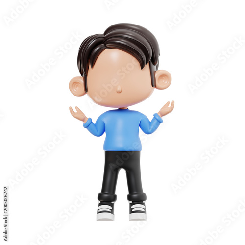 3D Character Illustration of a Young Boy Shrugging with Confused Expression