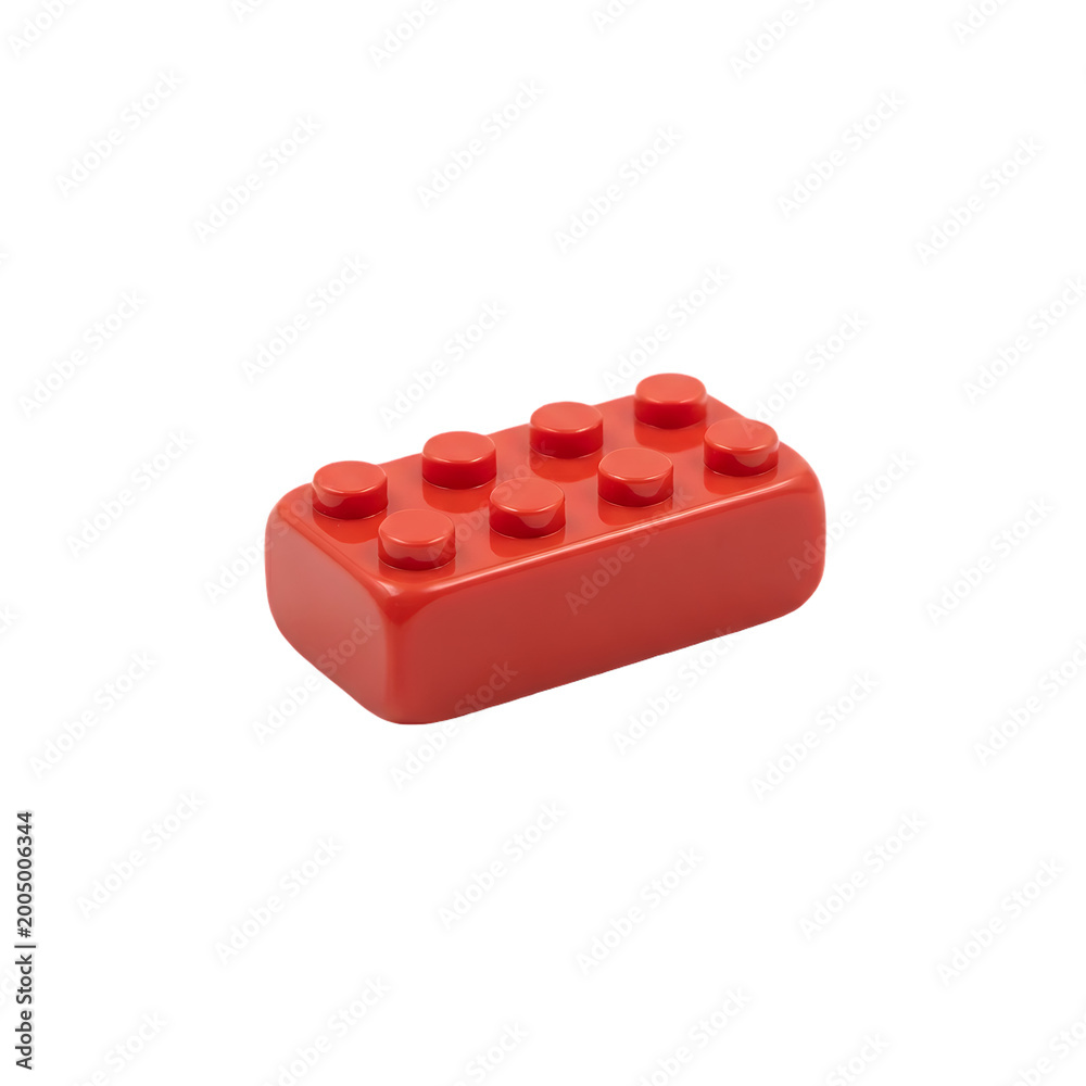 Fototapeta premium Single Red Plastic Building Block Toy Brick Isolated on White Background . Red Brick with Eight Studs on white .