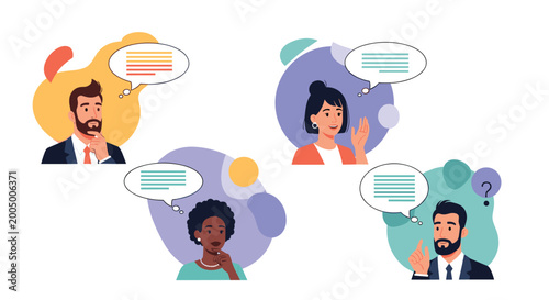Group of diverse business professionals are depicted in circular frames with speech bubbles and thought bubbles containing text lines.