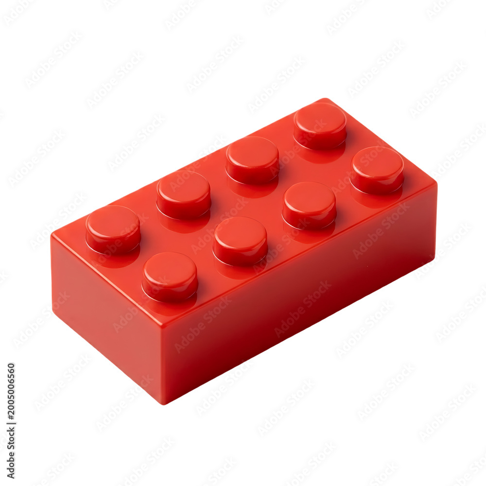 Fototapeta premium Single Red Plastic Building Block Toy Brick Isolated on White Background . Red Brick with Eight Studs on white .