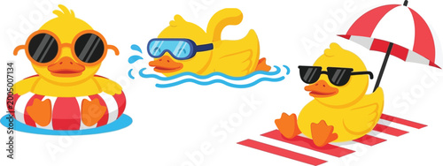 Cartoon ducks wearing sunglasses on beach, swimming, and sunbathing