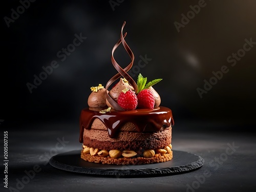 Gourmet Chocolate Mousse Cake with Raspberries and Hazelnuts