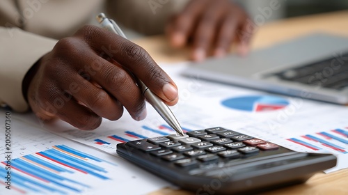 Close-animated movie of a person's hands using a calculator and pen over financial charts and graphs with a laptop in the, symbolizing accounting and data analysis