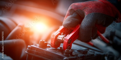 Close-animated movie of a gloved hand connecting jumper cables to a car battery terminal during a jump start procedure