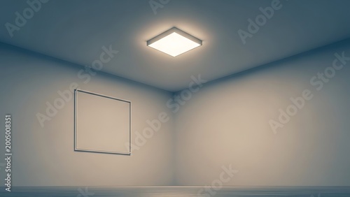 Minimalist Empty Room with Blank Picture Frame and LED Ceiling Light