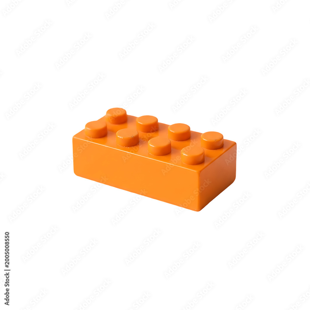 Fototapeta premium A high Quality Single Orange Plastic Building Block Toy Brick Isolated on White Background .Orange Brick with Eight Studs illustration on white .