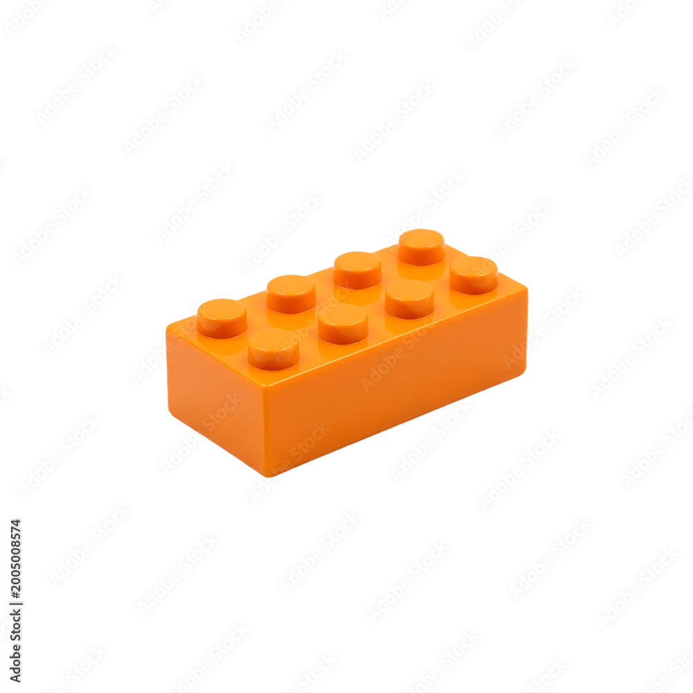 Fototapeta premium A high Quality Single Orange Plastic Building Block Toy Brick Isolated on White Background .Orange Brick with Eight Studs illustration on white .
