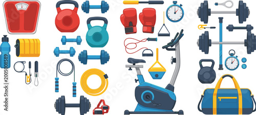 Bild auf Leinwand Fitness gym equipment set with dumbbells kettlebells treadmill punching gloves a