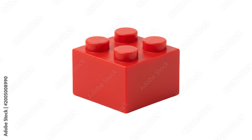 Fototapeta premium Single Red Plastic Building Block Toy Brick Isolated on White Background . Red Brick with Eight Studs on white .