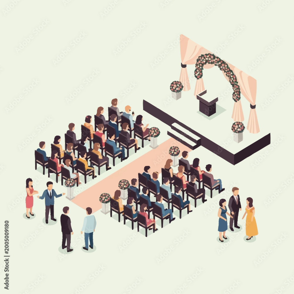 Fototapeta premium Isometric illustration of wedding ceremony with guests and aisle.