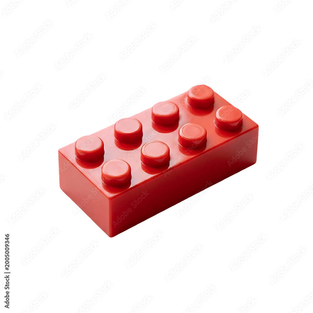 Fototapeta premium Single Red Plastic Building Block Toy Brick Isolated on White Background . Red Brick with Eight Studs on white .