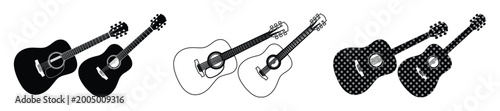 Tableau sur toile Acoustic guitar vector icons set, black silhouette and line art musical instrume