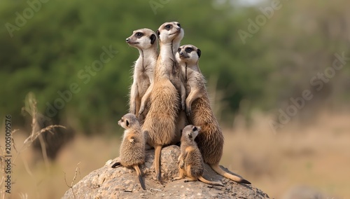 A group of meerkats standing on a rock acting as sentries in the savannah.