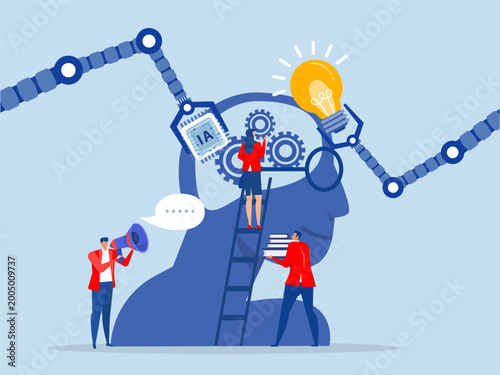 ai AI, Artificial Intelligence,robot ,teamwork to get solution, Upskill, learn new things or knowledge development for new skill and improve job qualification vector