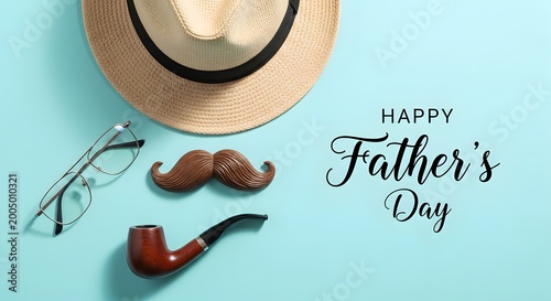 Happy father's day celebrating dad with classic accessories hat pipe glasses
