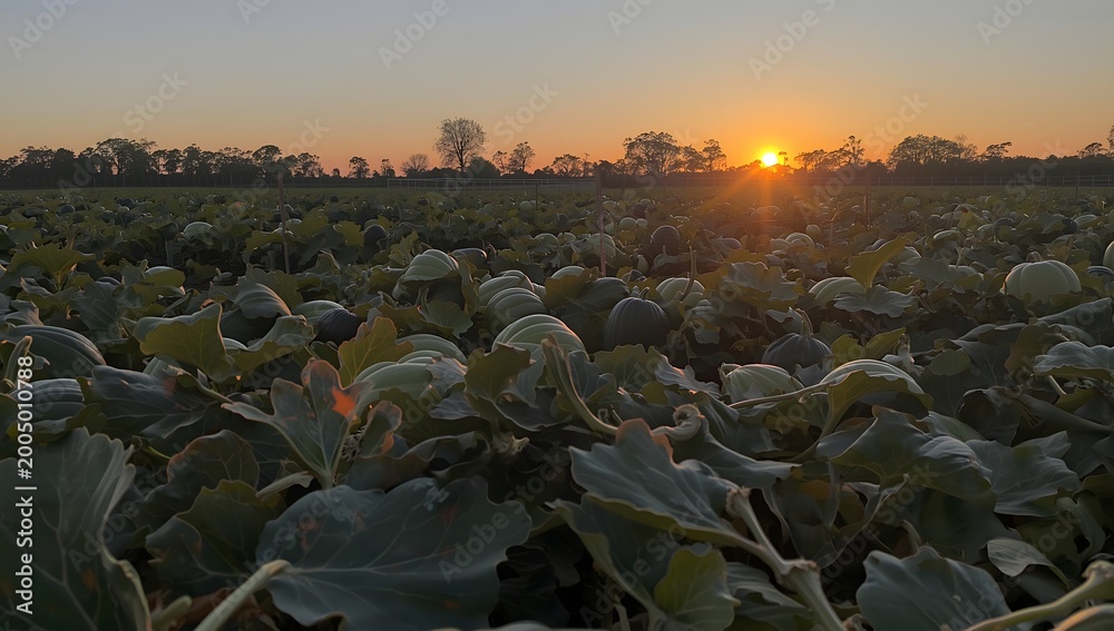 Obraz premium Sunset in Pumpkin Patch. Pumpkin Patch with sunset in background
