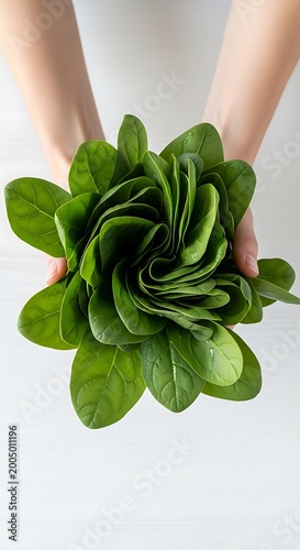 Person holding a bunch of fresh green baby spinach leaves in hands
